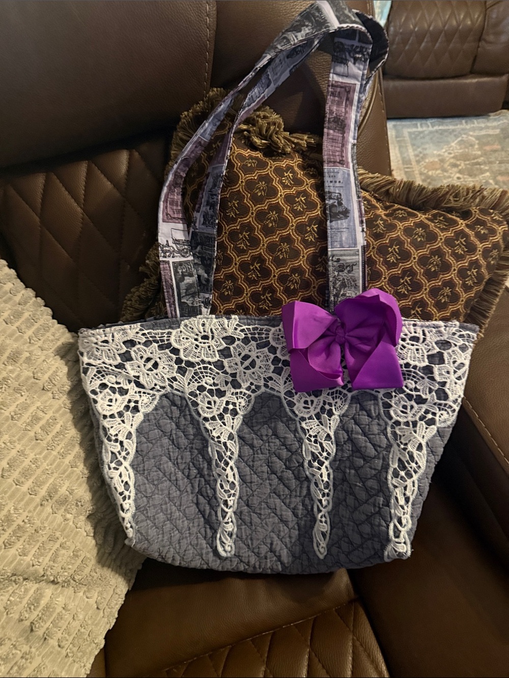 Quilted Gray Tote with White Lace and Purple Bow Accent